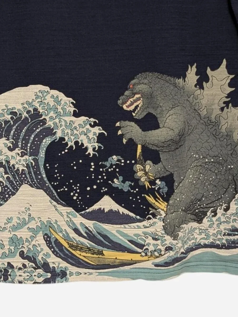 Official Toho Godzilla x Hokusai Great Wave Japanese Art Graphic Tee - Navy XL